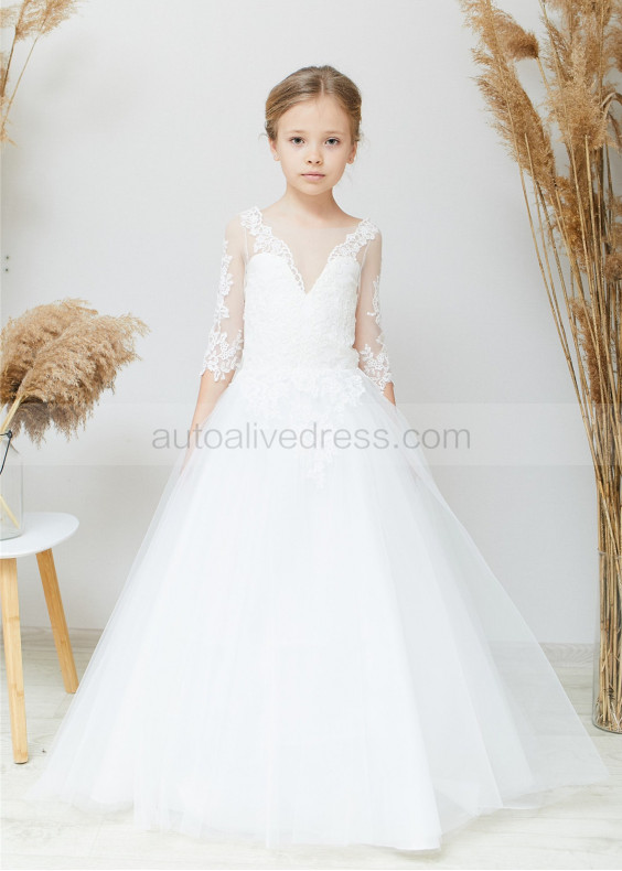 Ivory Lace Tulle Buttons Back Flower Girl Dress